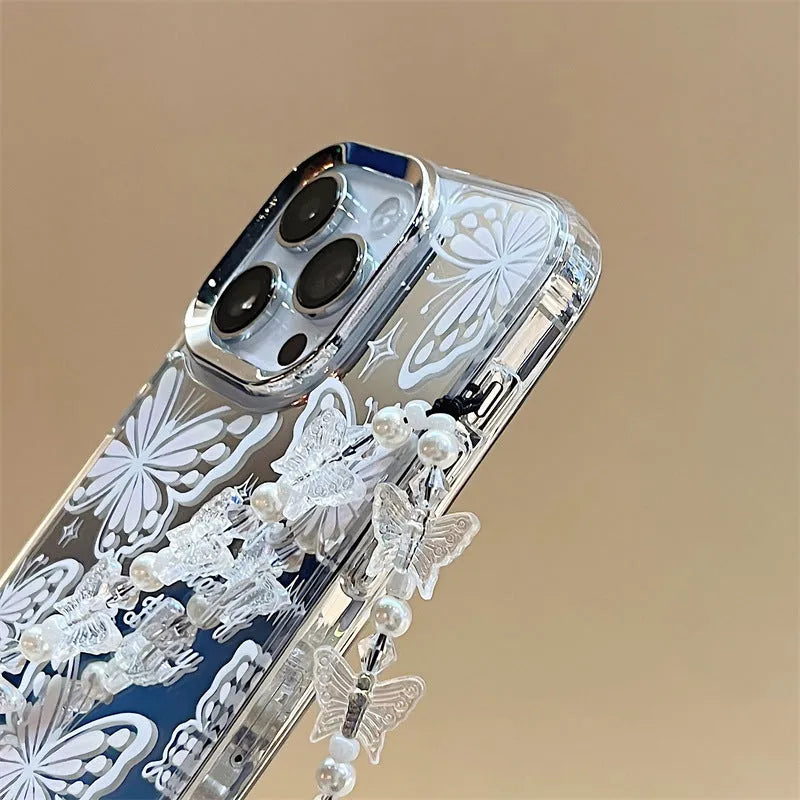Transparent three-in-one mirror iPhone case with bow bracelet attachment for iPhone 15 Pro Max