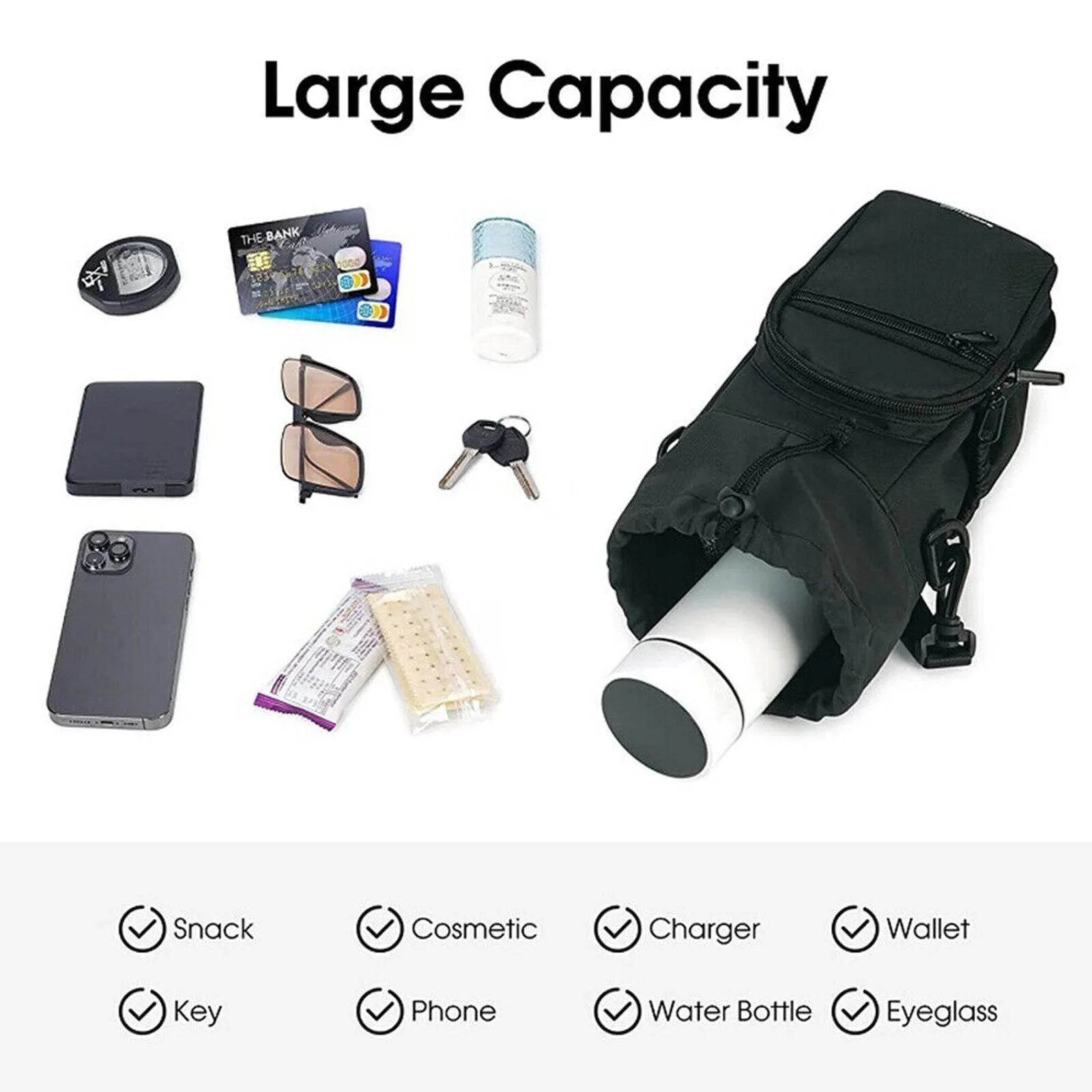Canvas water bottle shoulder pouch with crossbody strap in black, green, and pink colour options