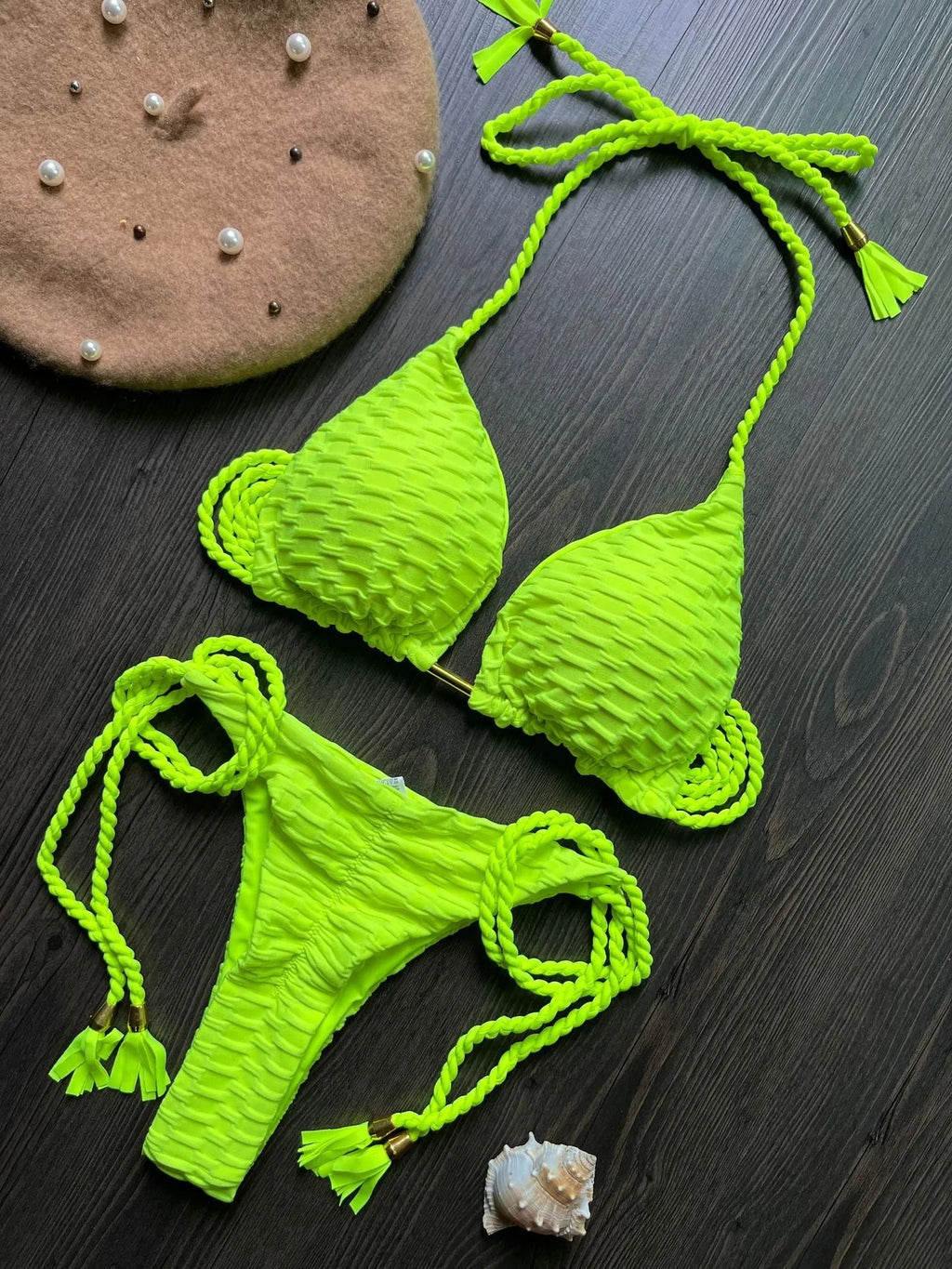 Women's fashion braided rope bikini suit cotton lined nylon swimwear solid colour