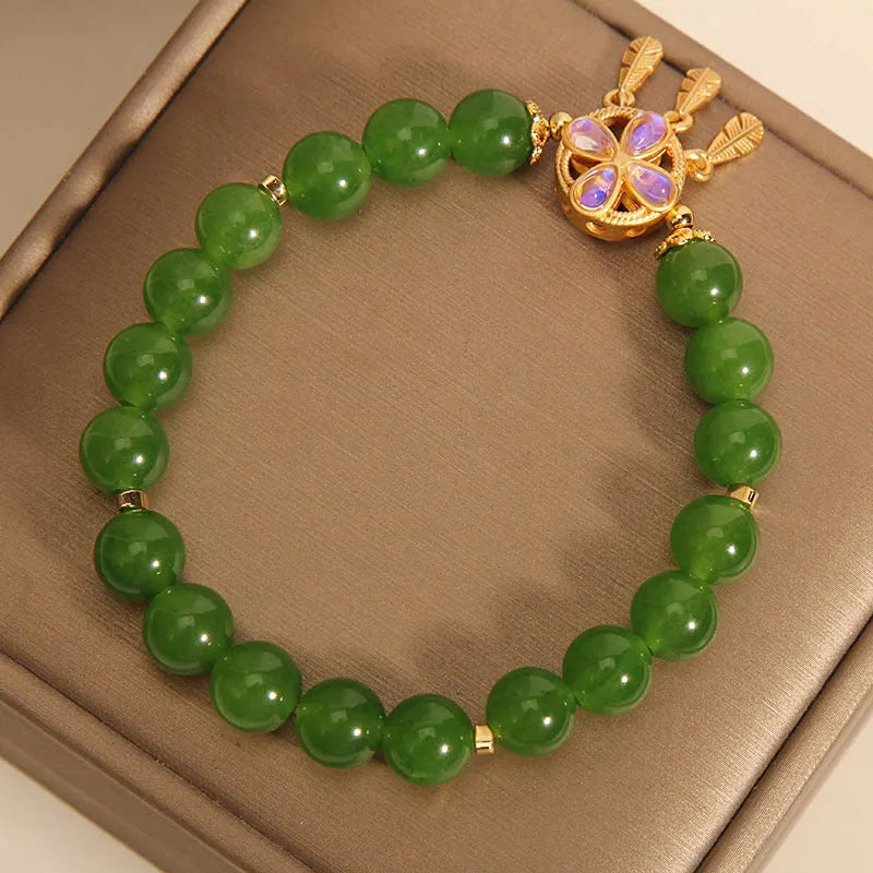 Green Jasper bracelet for women with crystal four-leaf clover dream catcher pendant