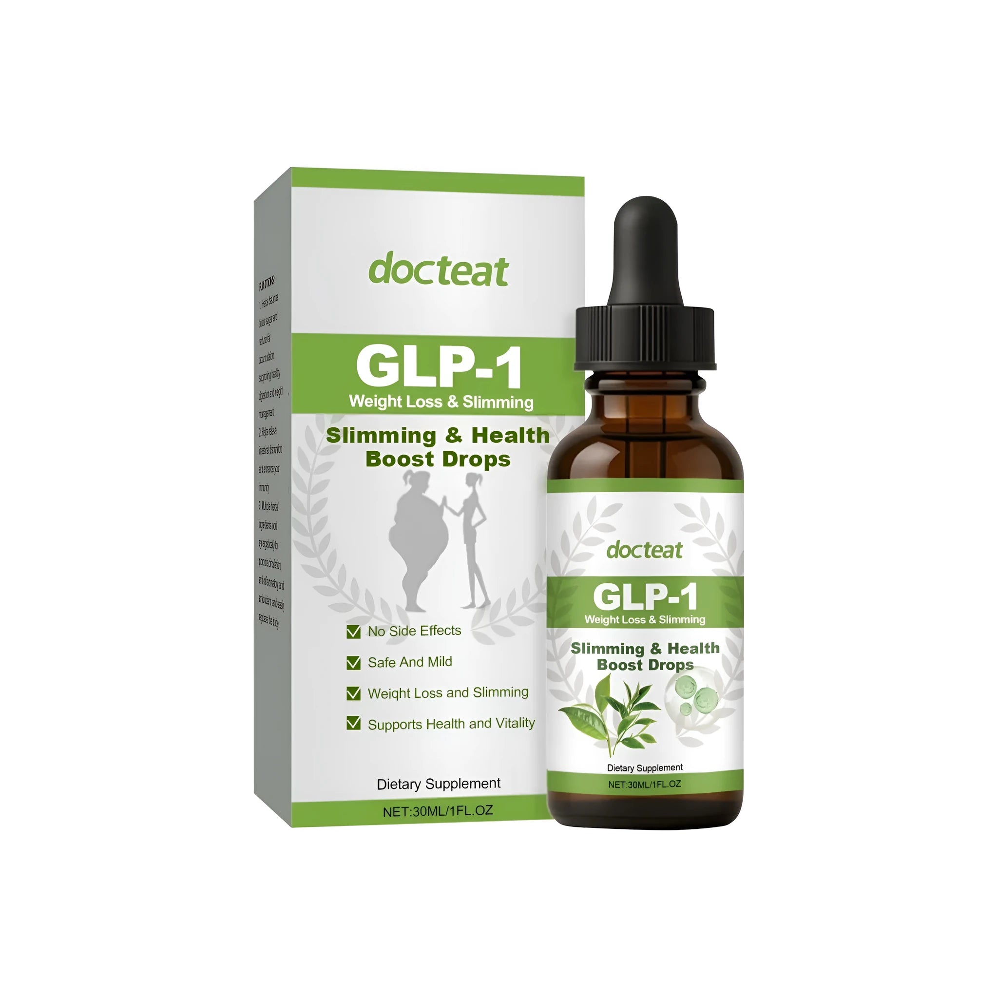 30ml bottle of dietary supplement drops for intestinal support with moringa and green tea extract.