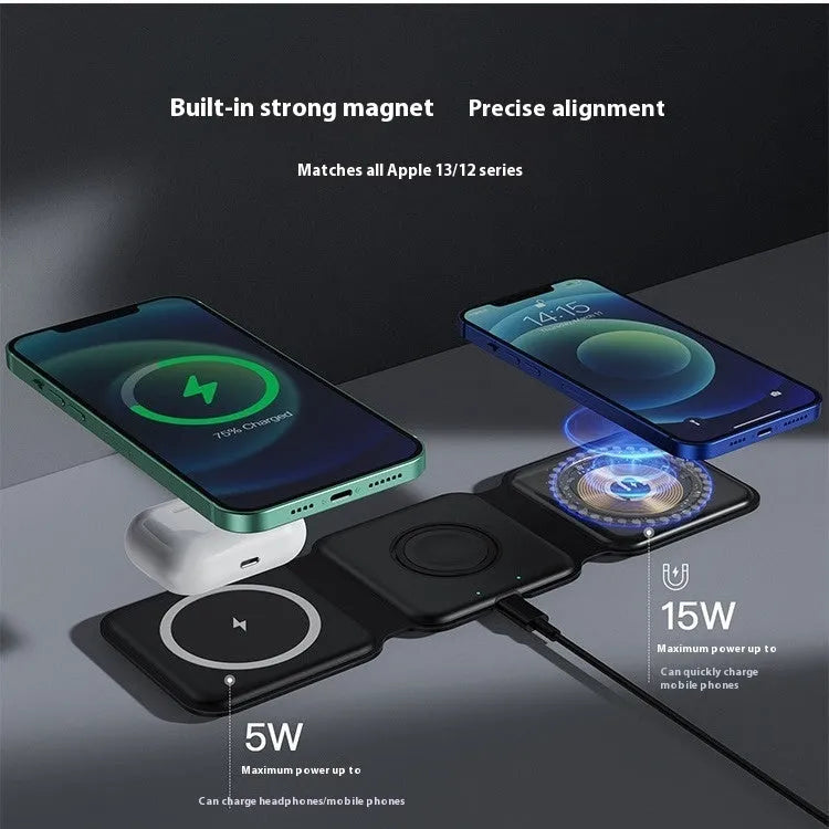 3 In 1 Magnetic Wireless Charging Folding Mobile Phone Holder in black, ABS silicone construction, foldable design