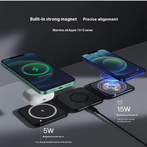 3 In 1 Magnetic Wireless Charging Folding Mobile Phone Holder in black, ABS silicone construction, foldable design