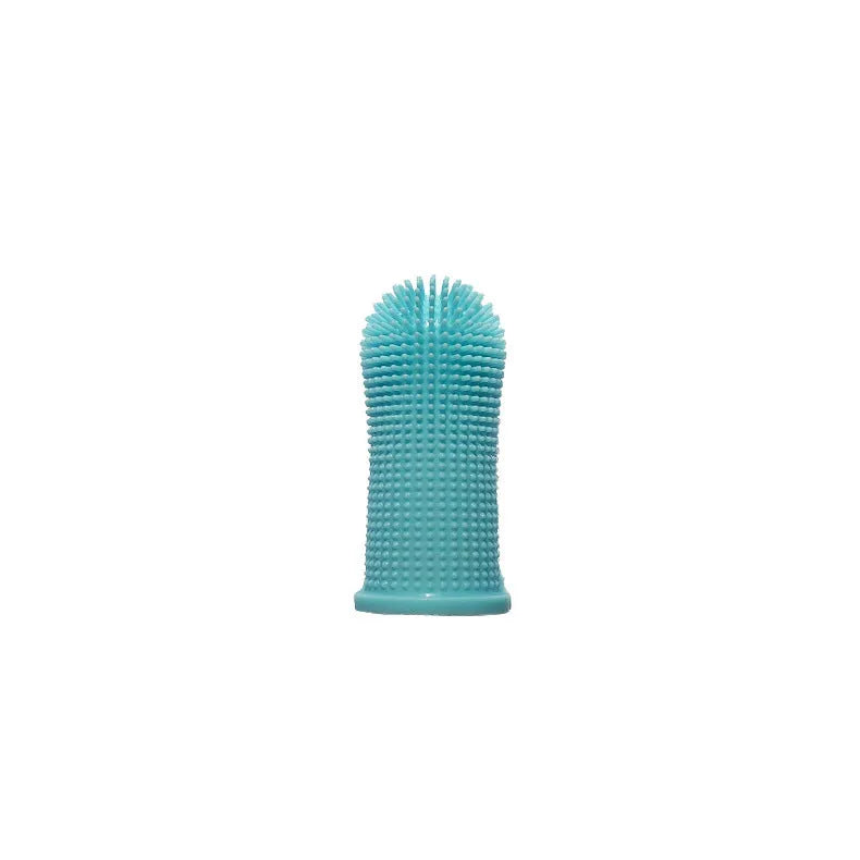 Soft silicone pet finger toothbrush in blue with protective case on white background