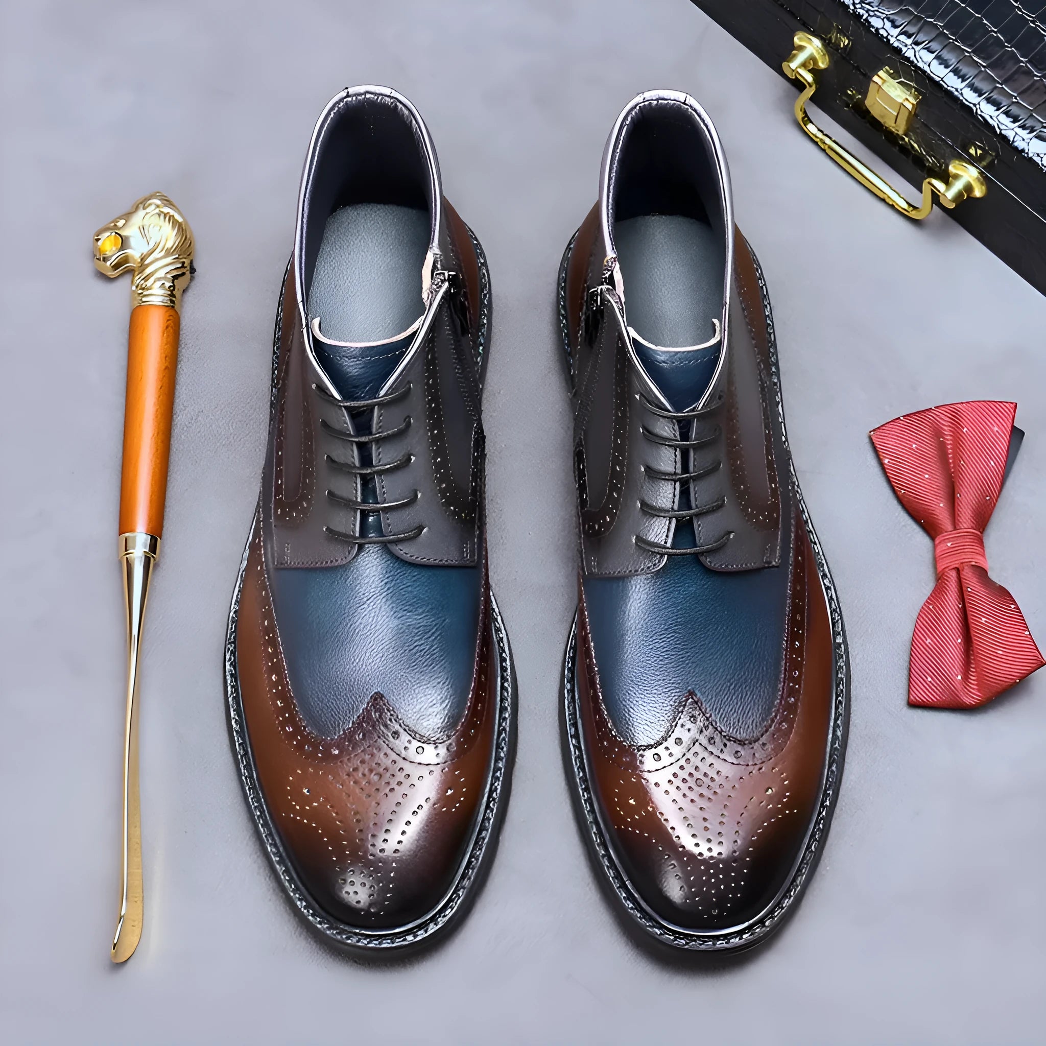 Men's Coffee Blue vintage brogue boots made from cowhide leather with a round toe and low square heel.