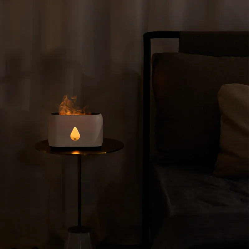 Mini remote control flame diffuser air humidifier, round plastic USB humidifier with one fog outlet, shown in white, pink, green, or grey