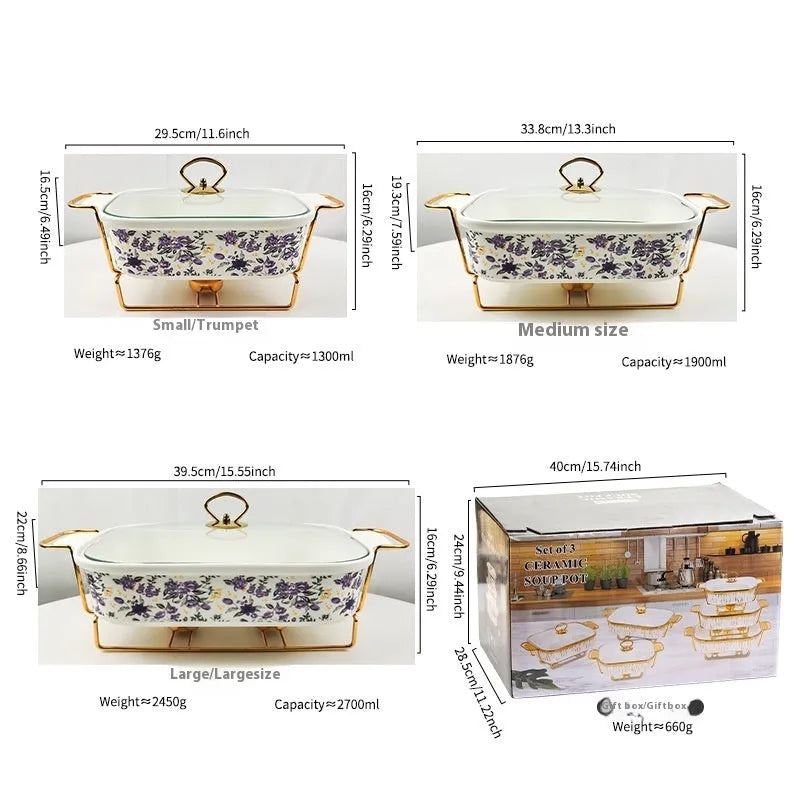 Ceramic soup pot binaural hot pot, porcelain, rectangular, electroplated finish, lemon pattern, in gift box with three pieces