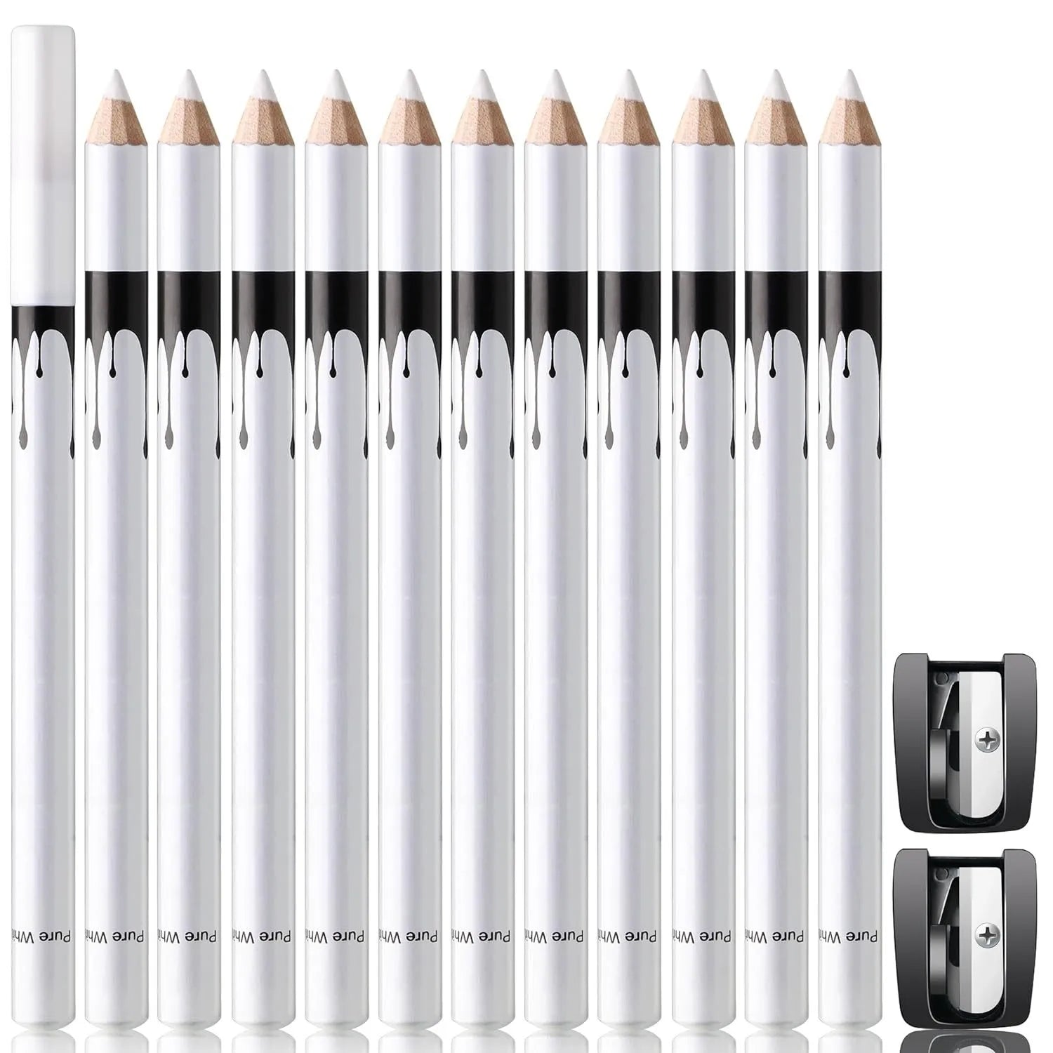 12-piece white and black waterproof eyeliner pencil set with sharpener for eyebrows, eyeshadow and lips