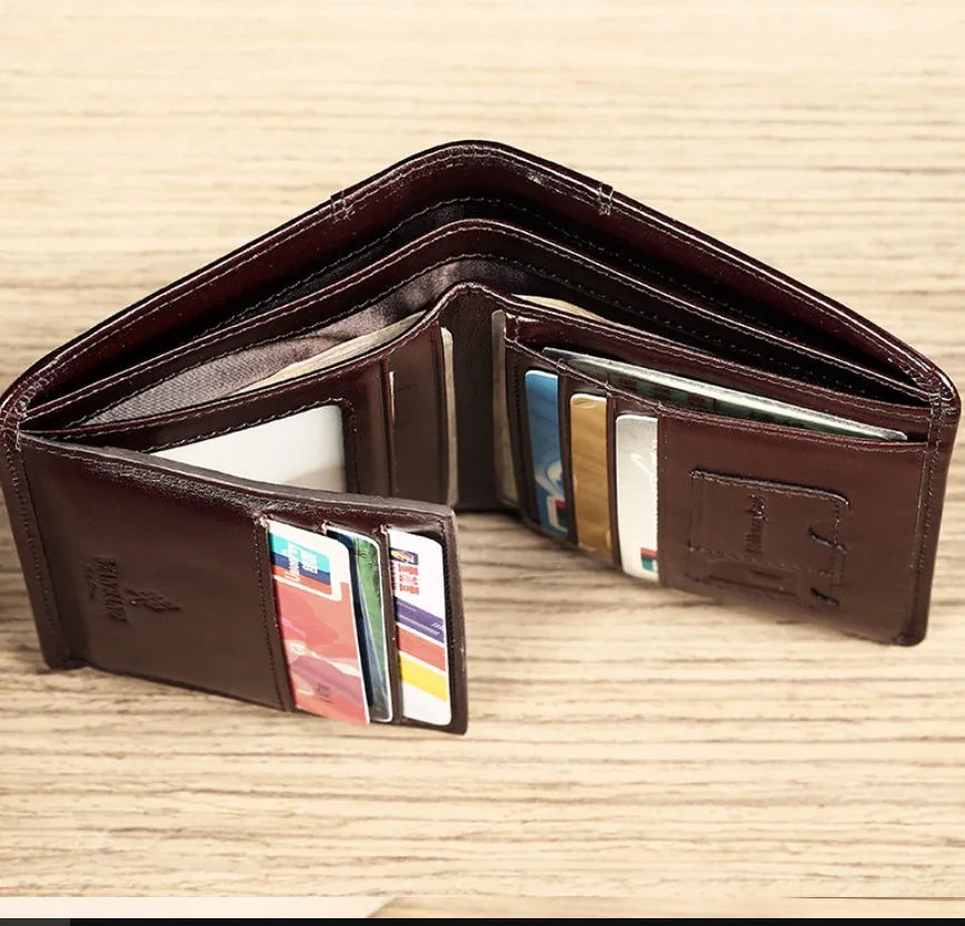 Men's leather wallet showing multiple internal compartments including photo slot and card holders