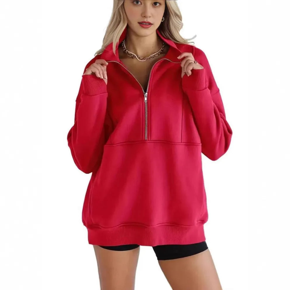 Women's loose polyester brushed hoody with zipper pocket in street hipster style, roomy fit, thick fabric