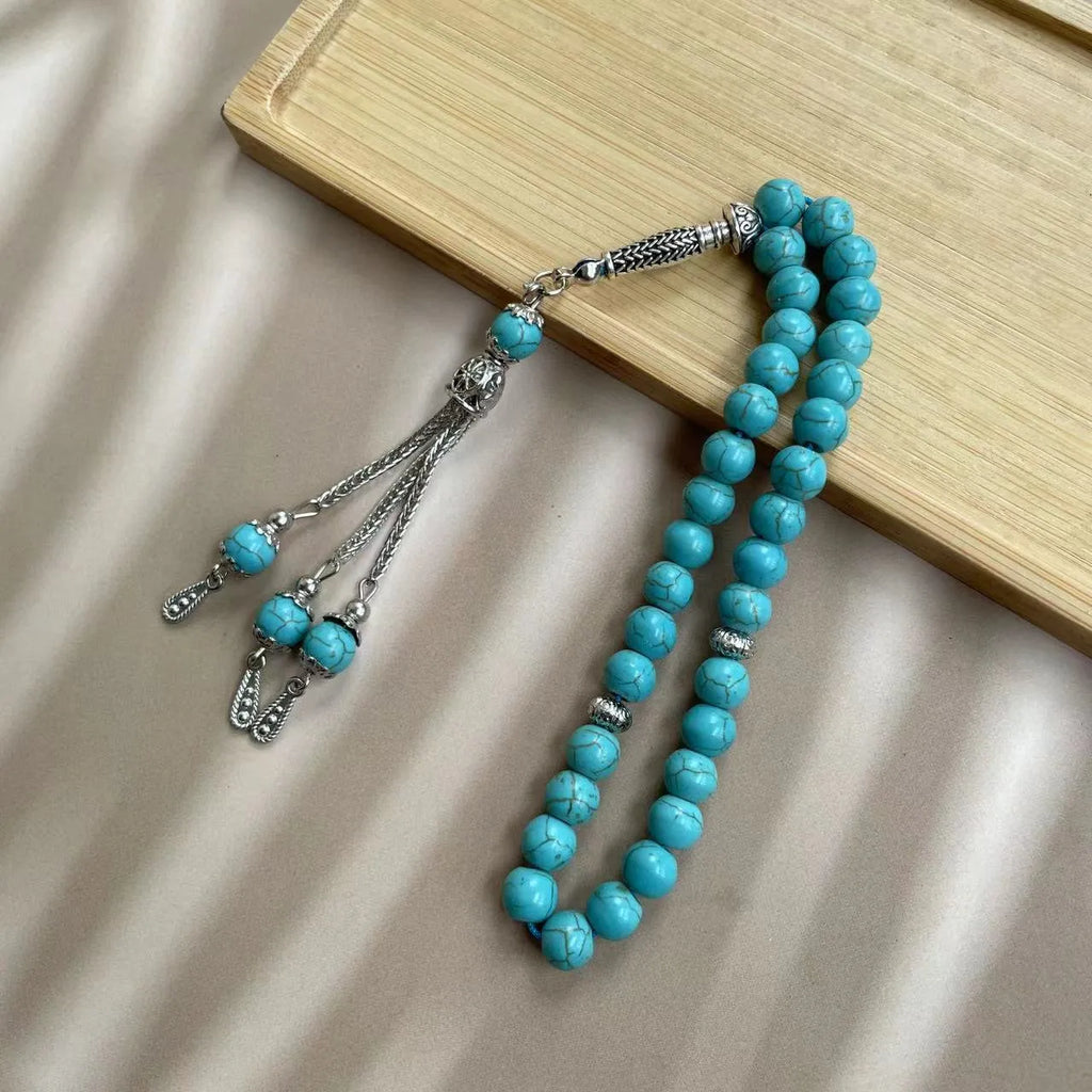 Sky blue Muslim prayer bracelet with 8mm stone beads on adjustable cord