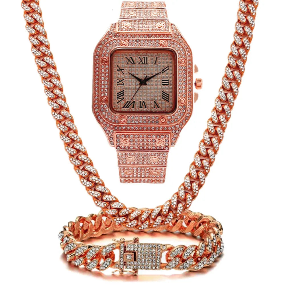 Gold, rose gold, and silver Roman numeral quartz watch sets with square diamond dials and mesh bands.