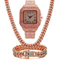 Gold, rose gold, and silver Roman numeral quartz watch sets with square diamond dials and mesh bands.