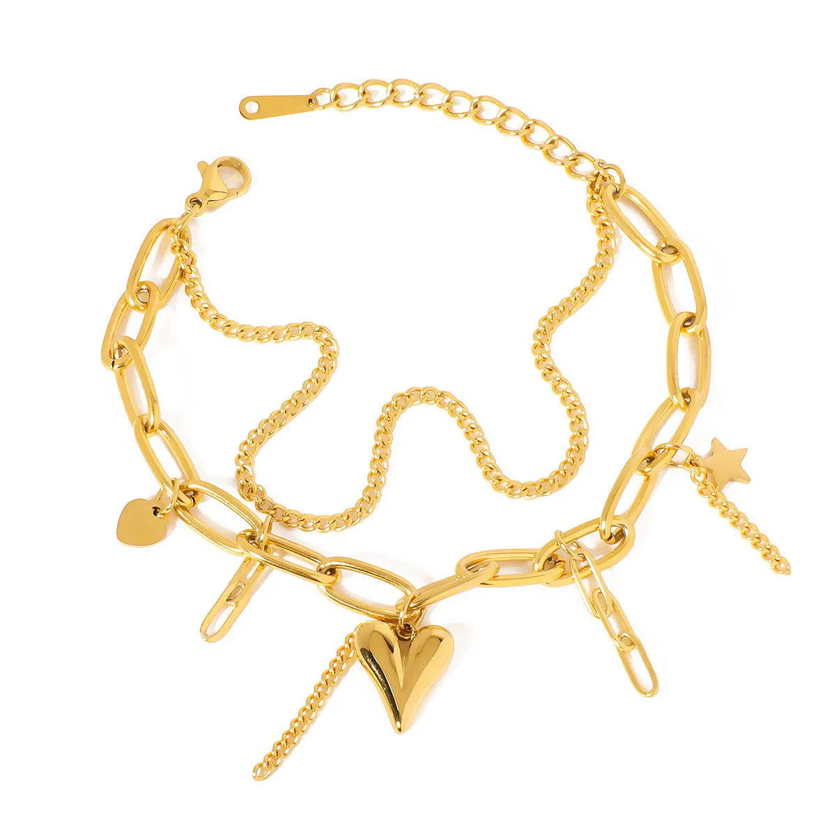 Peach Heart Tag Lobster Buckle Bracelet in stainless steel with 18K electroplating, heart and geometric charms, women's INS style