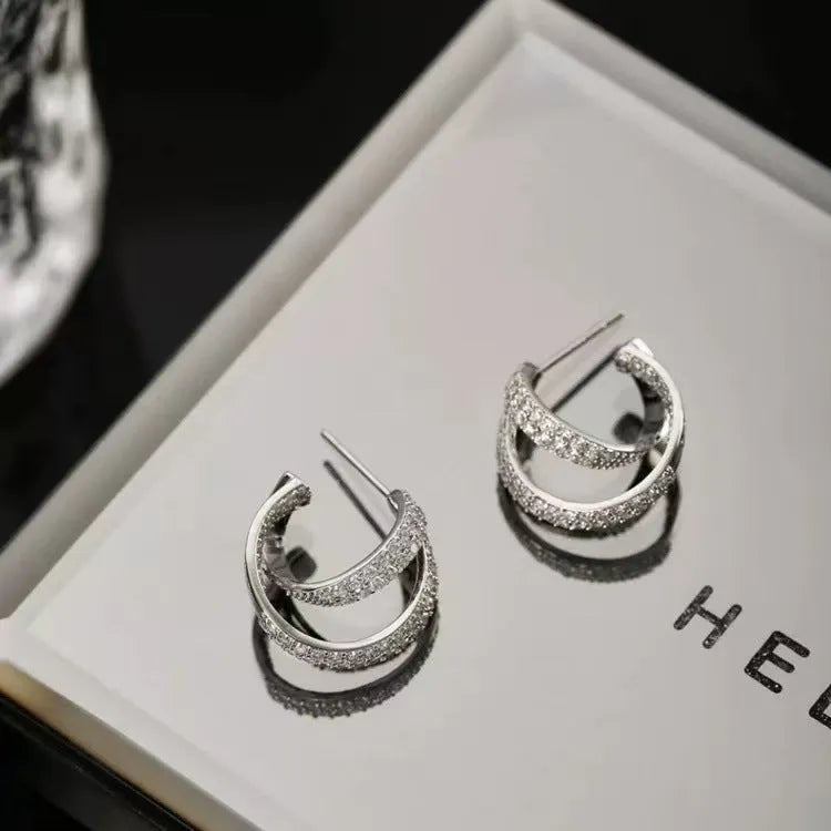 Sterling silver needle micro inlaid zircon C-shaped cross earrings for women simple geometric style