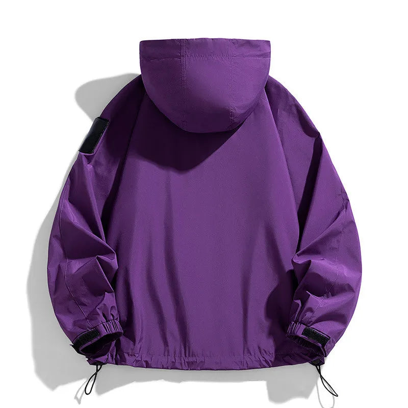 Men's black windproof waterproof hooded jacket on a hanger, shown in regular length with long sleeves.