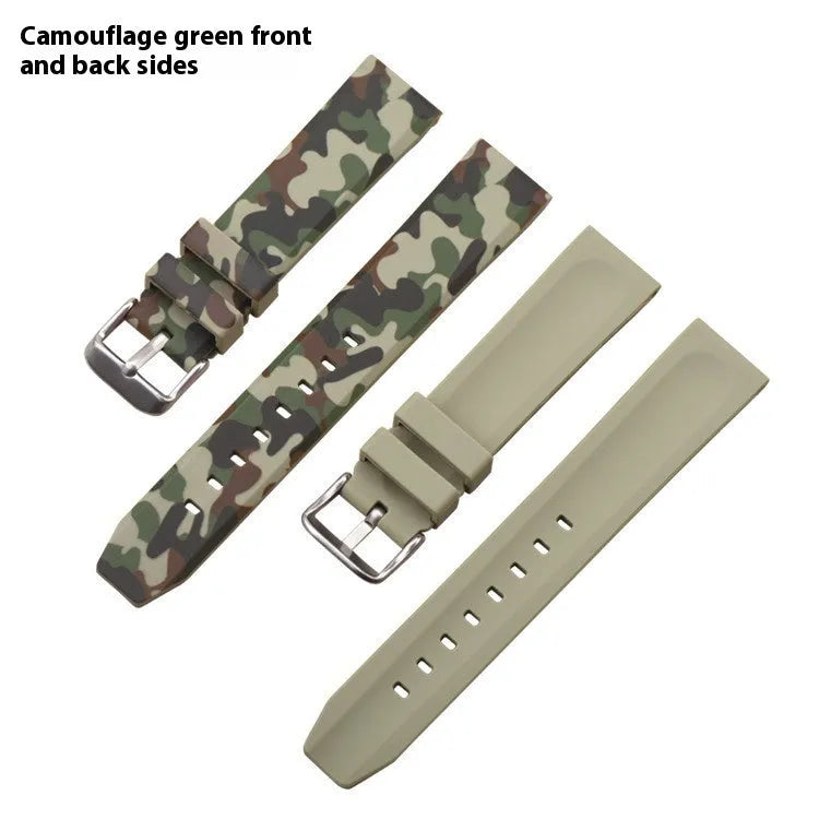 Blue, grey and green camouflage silicone watch strap with flat head, shown in 20mm 22mm 24mm widths.