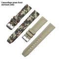 Blue, grey and green camouflage silicone watch strap with flat head, shown in 20mm 22mm 24mm widths.