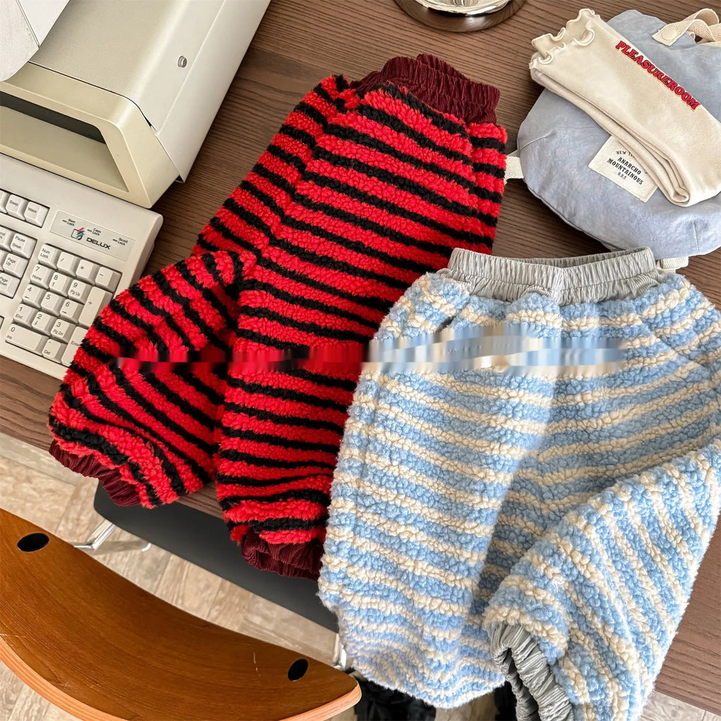 Children's unisex fleece-lined high-waist harem pants in creamy blue stripes with elastic waistband for winter