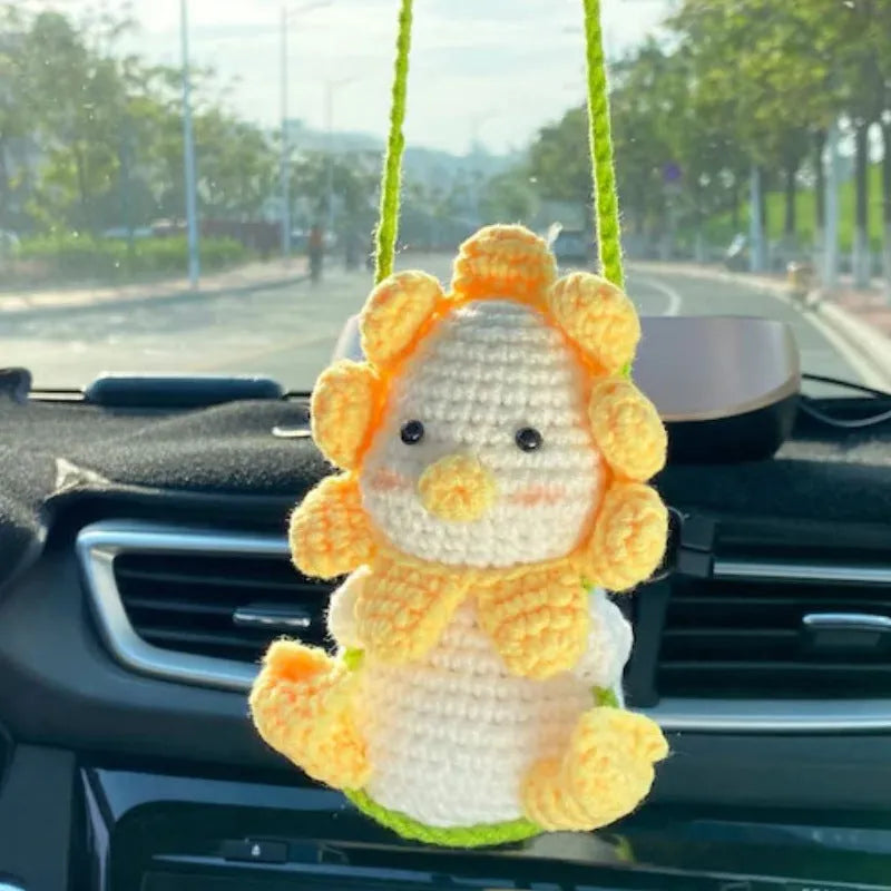 Knitted wool car plant decoration with green and white pattern, 8cm basin and hanging cord