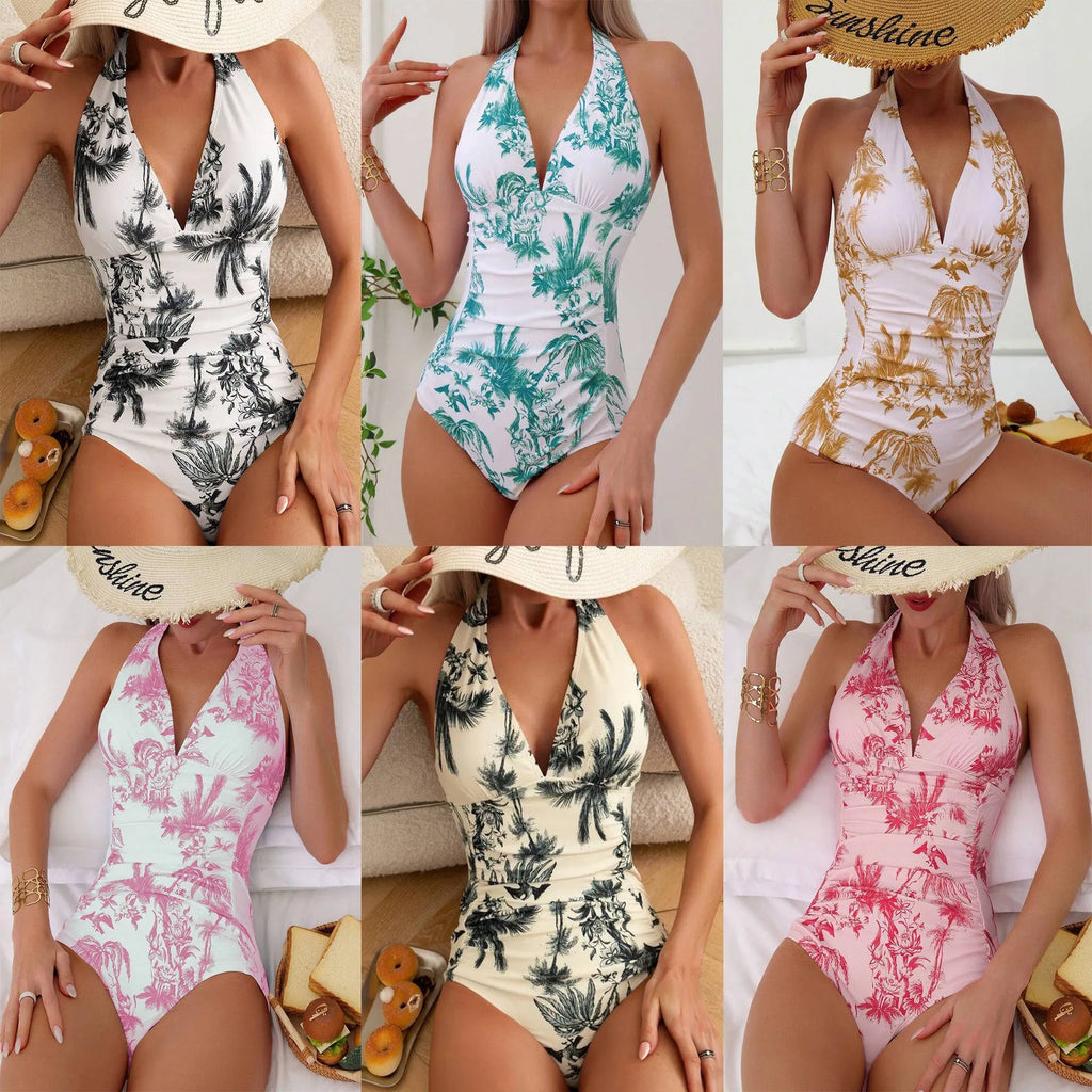 Women's printed V-neck one-piece swimsuit in apricot colour on a size mannequin.
