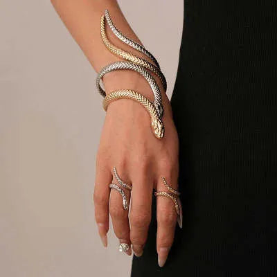 Gold and silver simulated snakes bracelet and ring set with twisted winding design