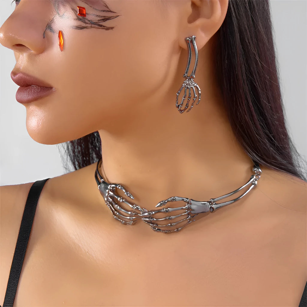 Dark style alloy skull and ghost claw necklace and earrings set for women with electroplated finish