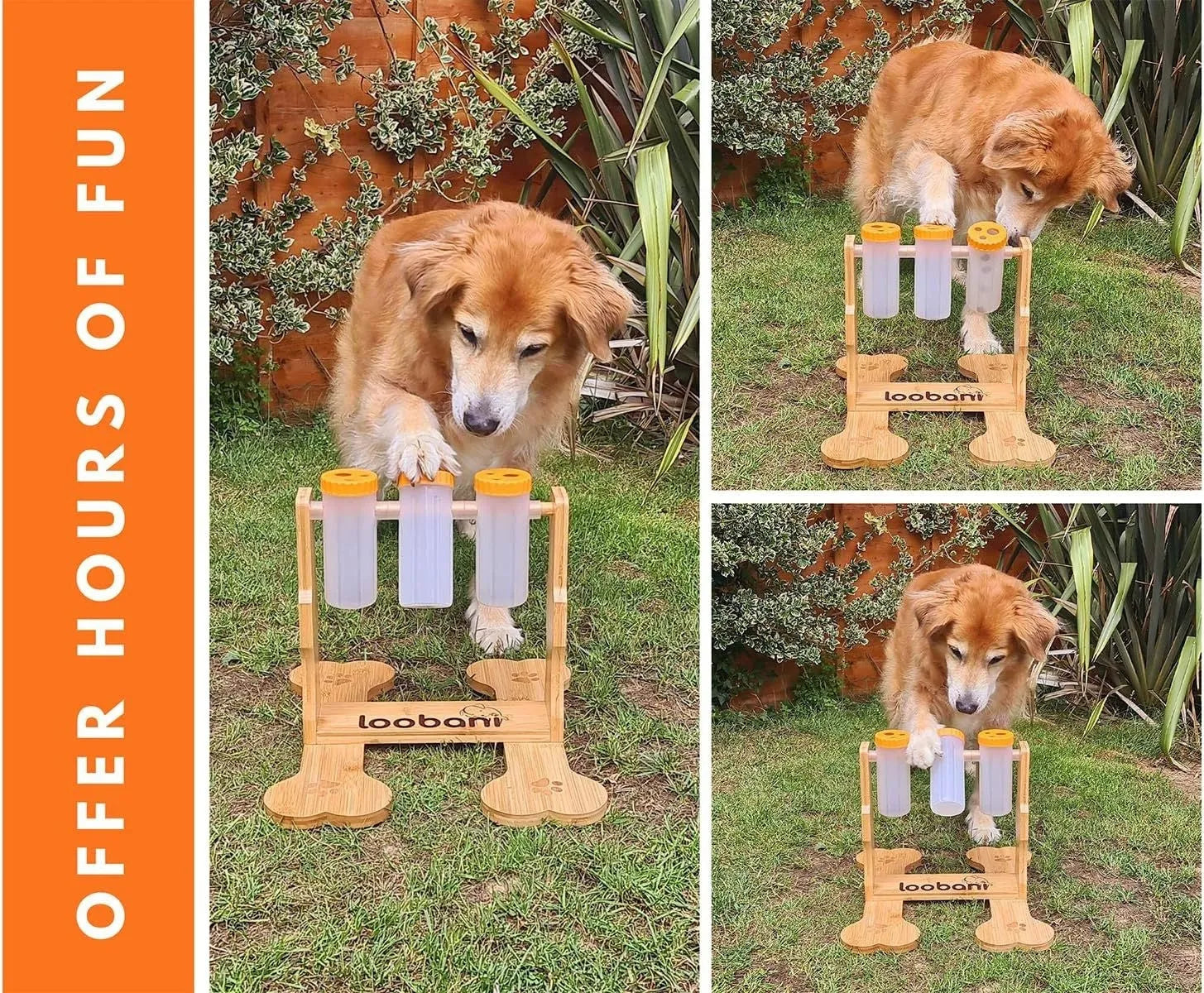 Wooden dog puzzle toy feeder with sliding panels measuring 31x30x20cm in natural wood colour