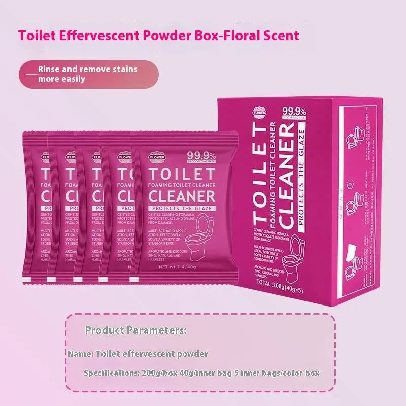 Toilet bubble powder descaler in blue ocean or pink floral fragrance, in 240g bag or 5x40g box.