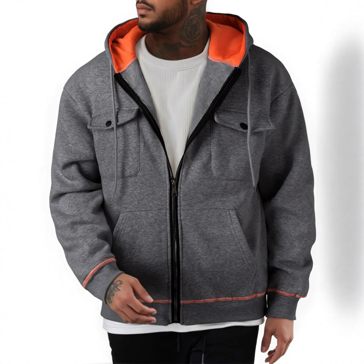 Men's plus size zipper sweater with wool lining, loose fit, long sleeve, available in five colours.