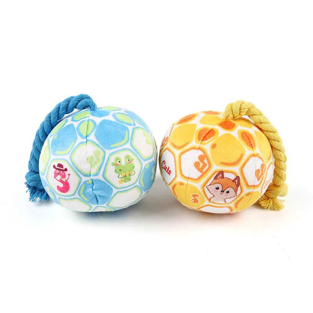 Blue and yellow elastic football tug of war dog toy with cotton rope ball for interactive play