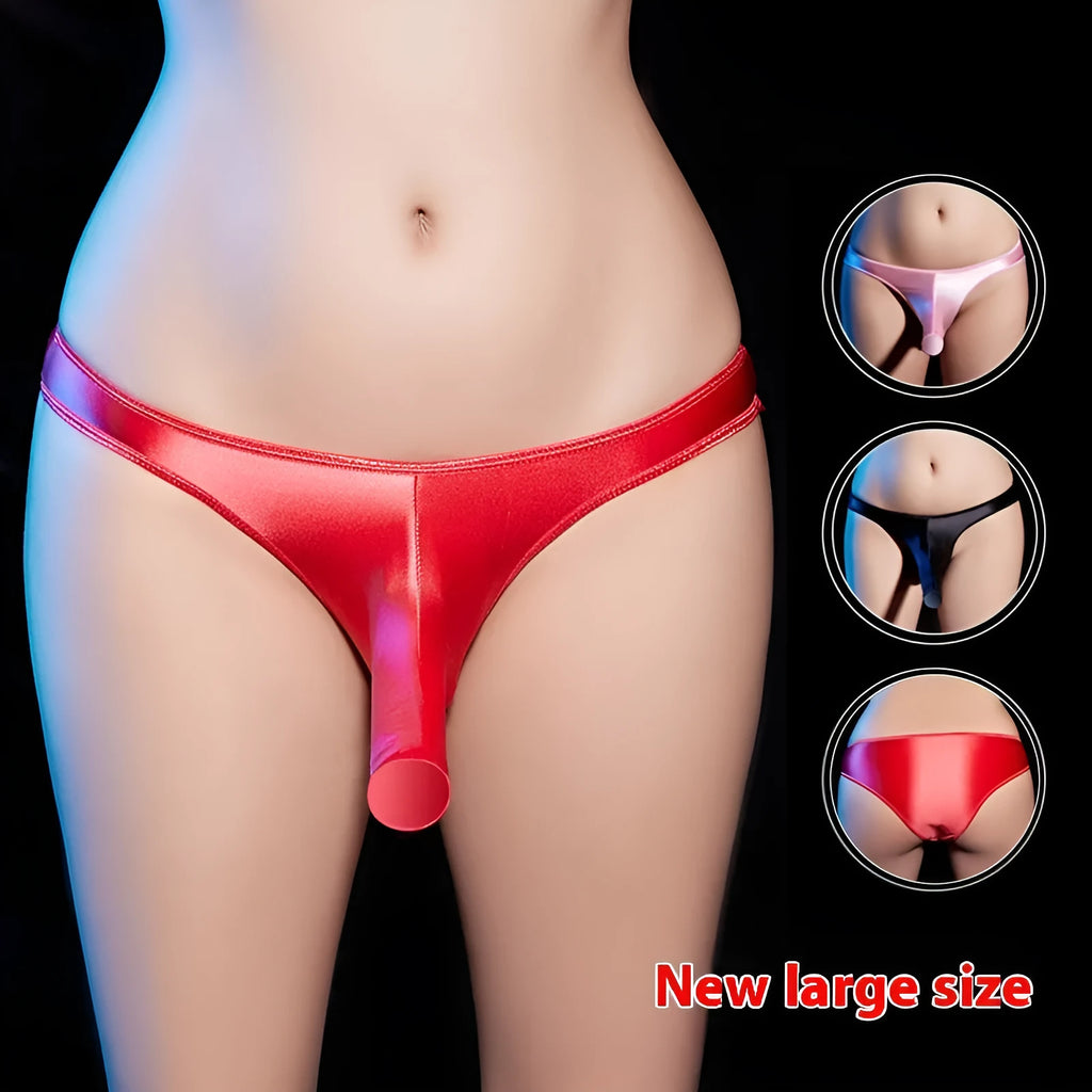 Men's low waist T-back underwear in shiny nylon fabric shown in multiple colours