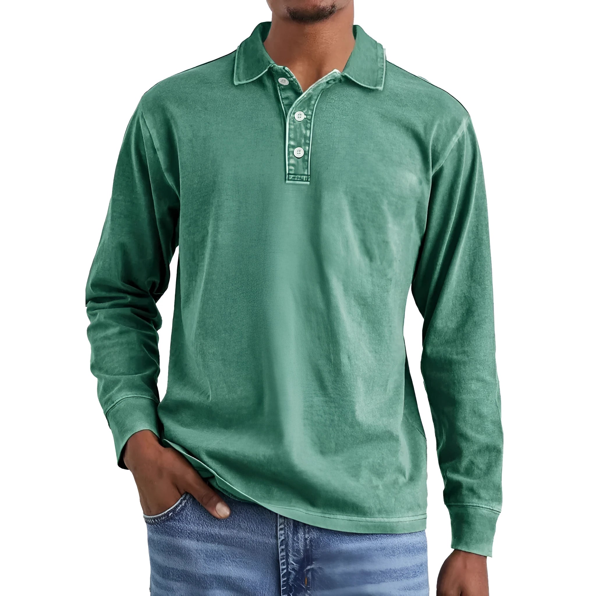 Men's retro washed distressed pure cotton lapel collar long sleeve polo shirt