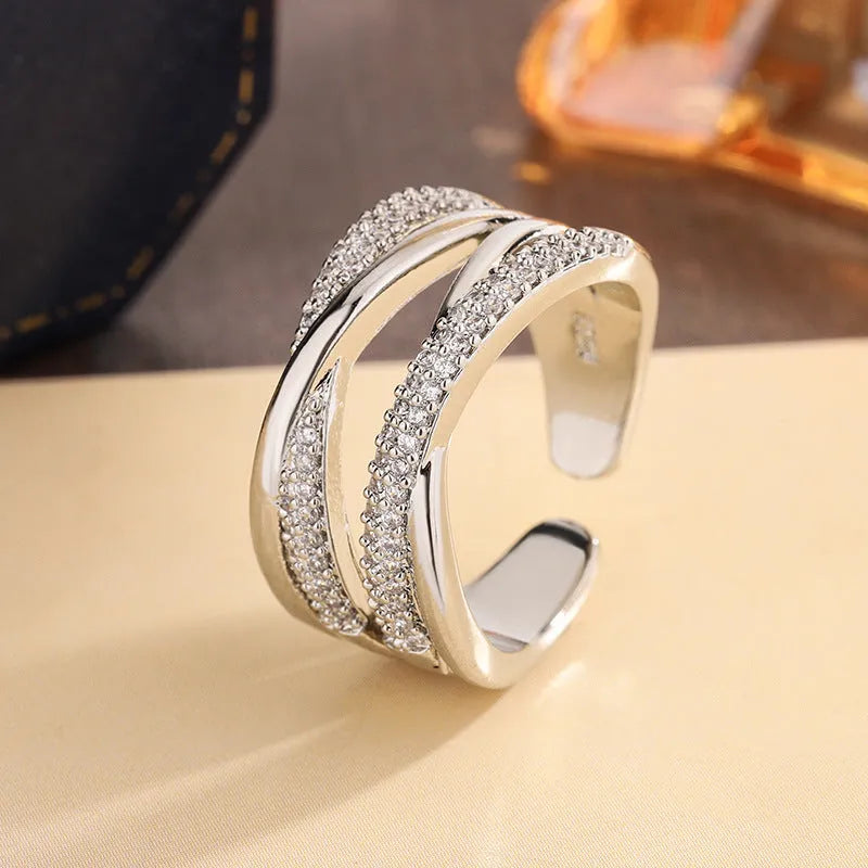 Double-layer X-shaped adjustable open ring for women in copper zirconia with starry sky motif, KYRA01781 colour
