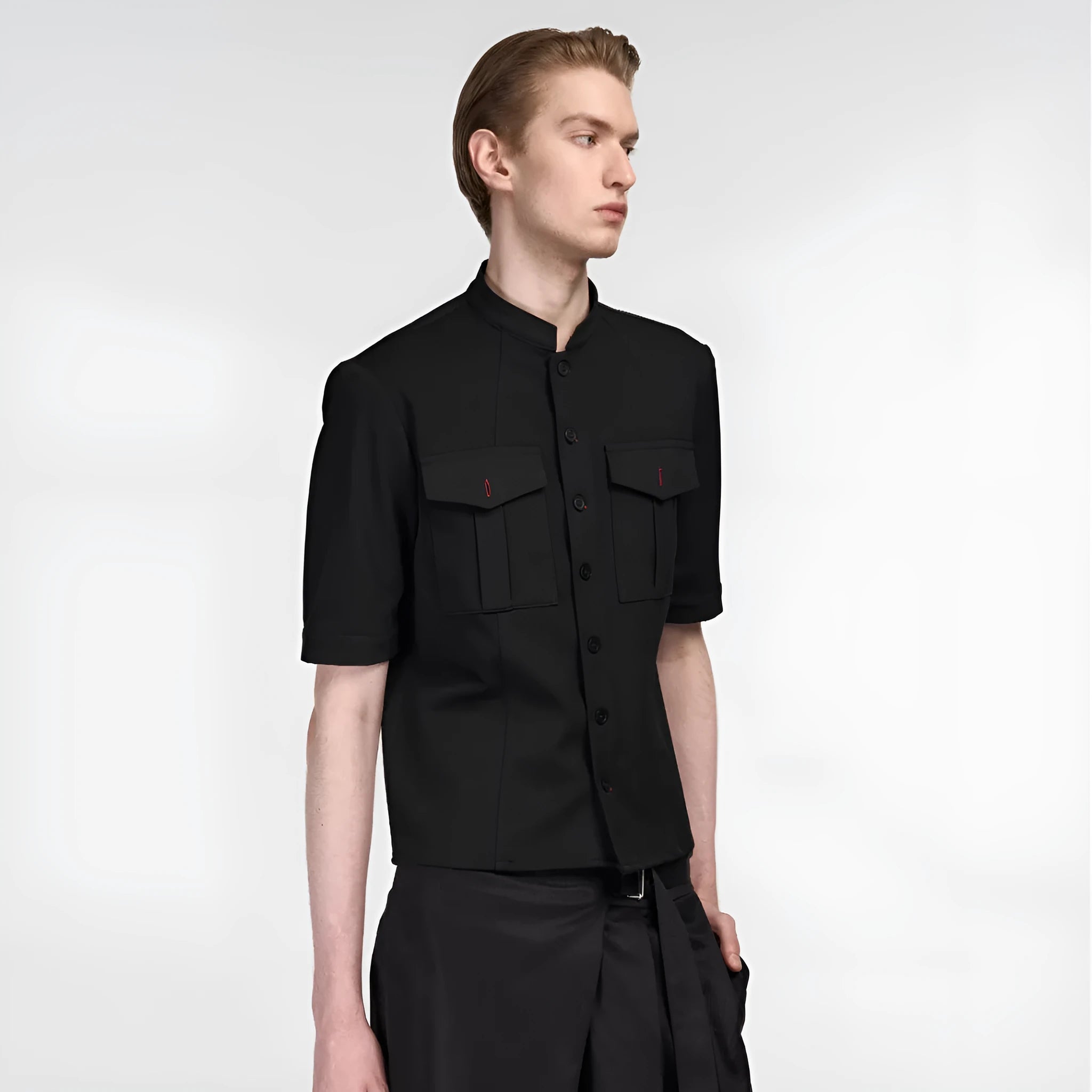 Handmade black half-sleeve hunting shirt with shirt collar and single-breasted design