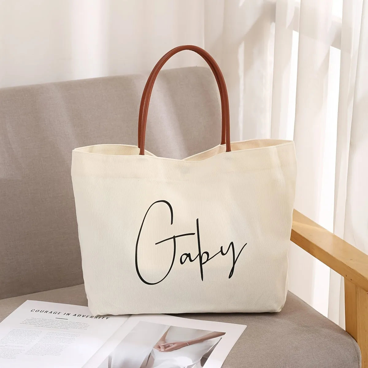 Canvas tote bag with side gussets in beige white colour, shown with handles extended