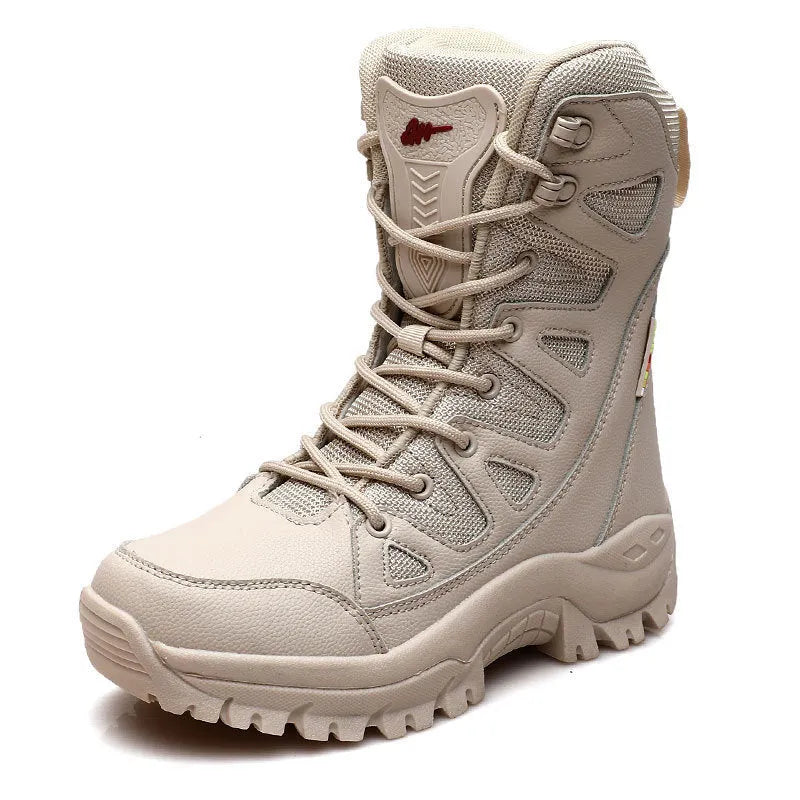 Men's cowhide leather hi-top hiking shoes in black, brown and beige colours