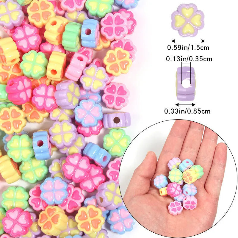 15mm frosted acrylic four-leaf clover beads with love pattern in mixed colours for crafts