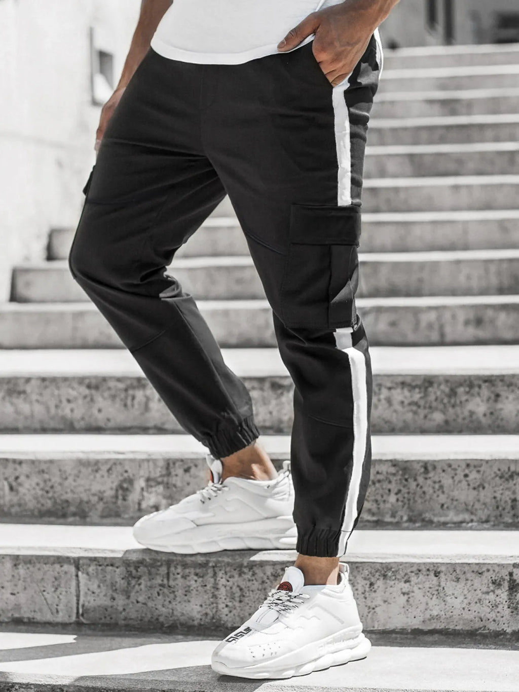 Men's casual leather effect trousers in khaki, micro-elastic polyester, mid waist zipper placket