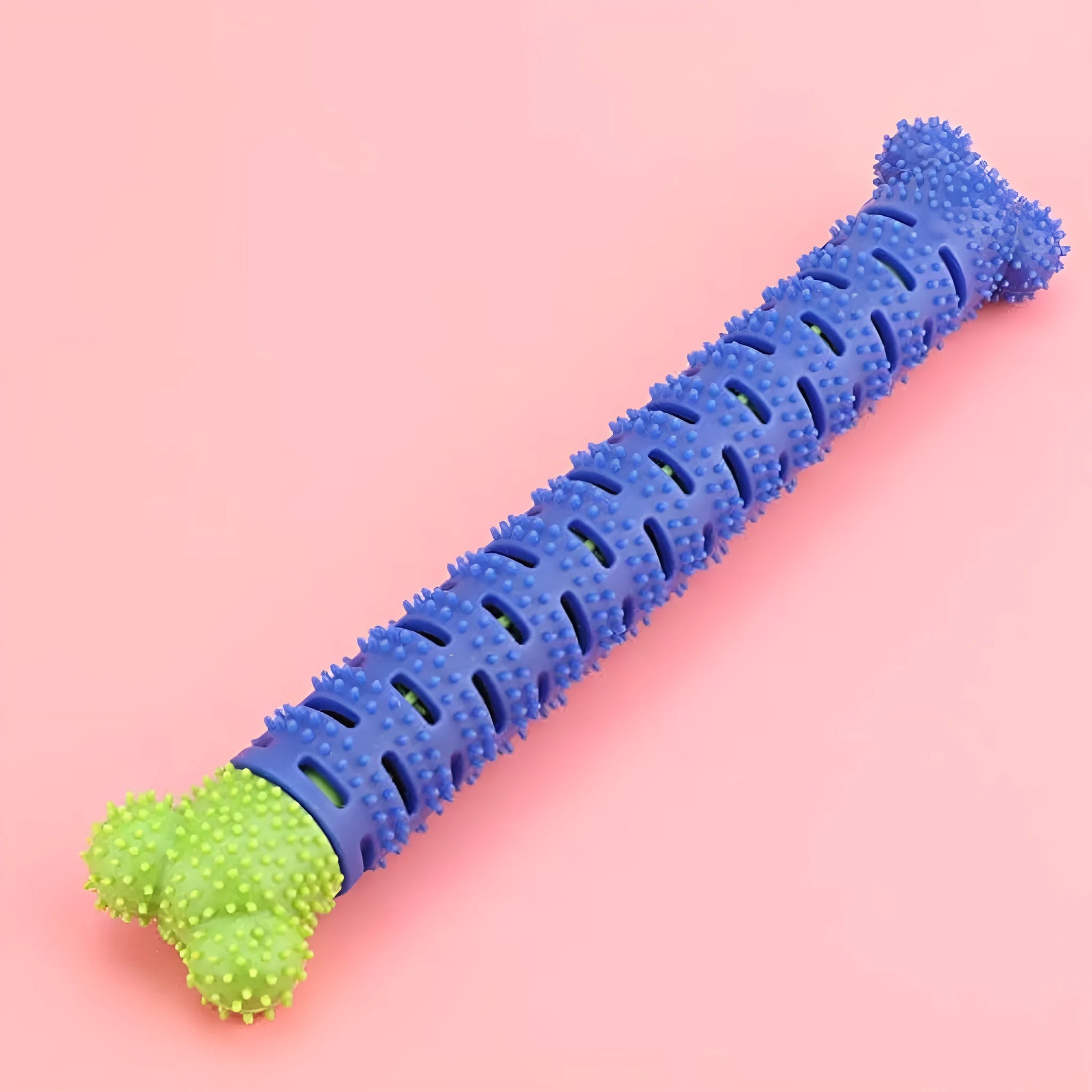 Blue green silicone dog molar tooth cleaner brushing stick with textured brush head and nodules