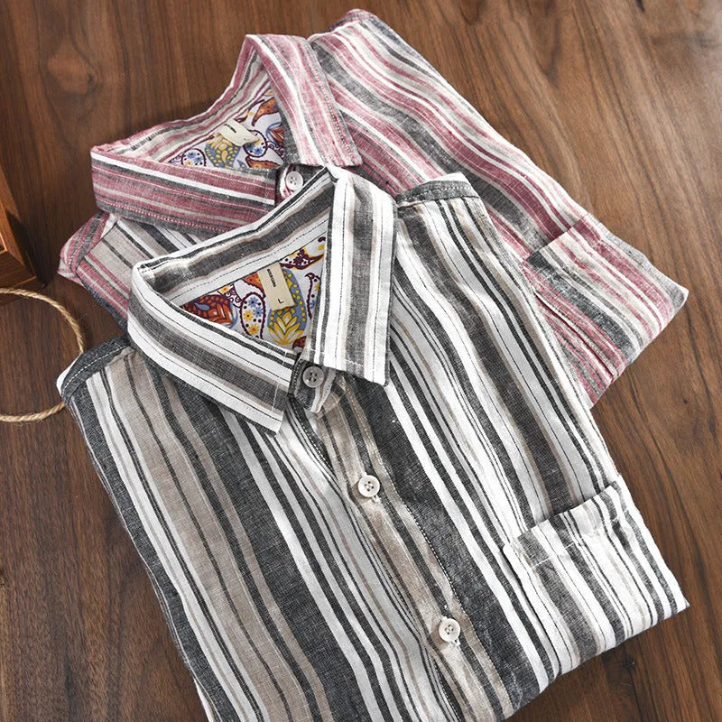 Men's striped linen shirt in loose fit with long sleeves, shown in red or grey colour options