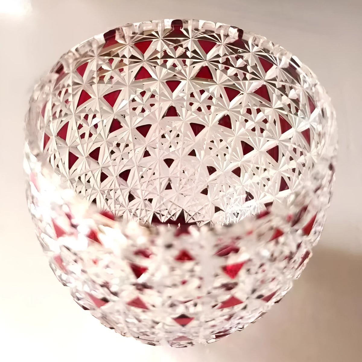 Red hand-carved crystal glass cup with Japanese Jianghu cut pattern, cylindrical shape, 201-300 ml capacity