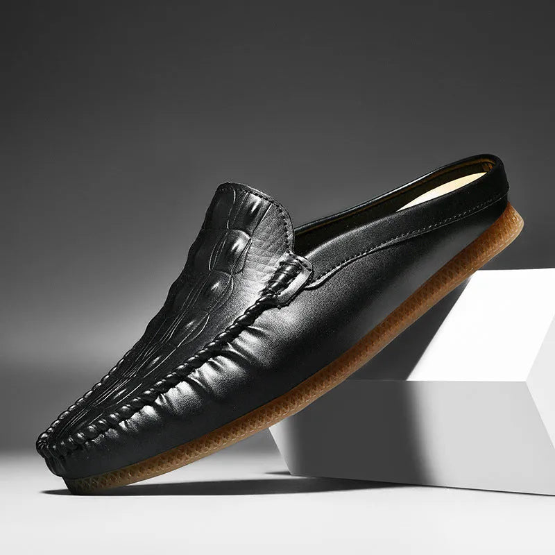 Men's black artificial PU summer semi-slippers with rubber sole shown from side view