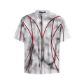 Padded shoulder short sleeve T-shirt with three-dimensional line patchwork design on round neck top