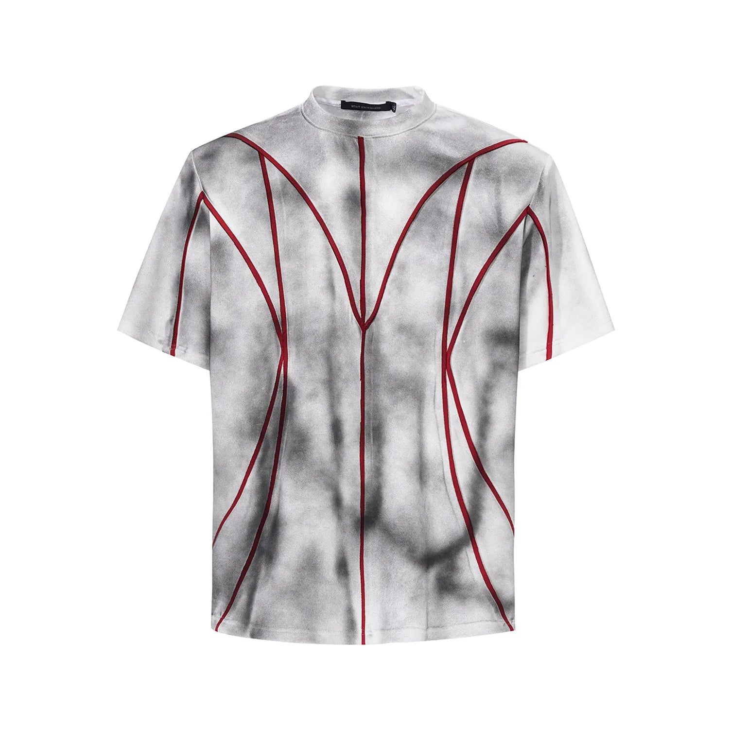 Padded shoulder short sleeve T-shirt with three-dimensional line patchwork design on round neck top