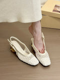 Women's apricot square toe slingback sandals with a woven textile panel on the toe.
