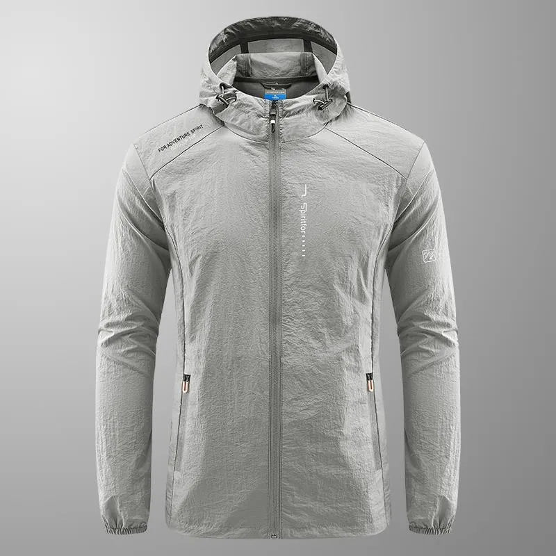 Men's lightweight hooded nylon summer jacket in loose fit, shown in light grey colour.