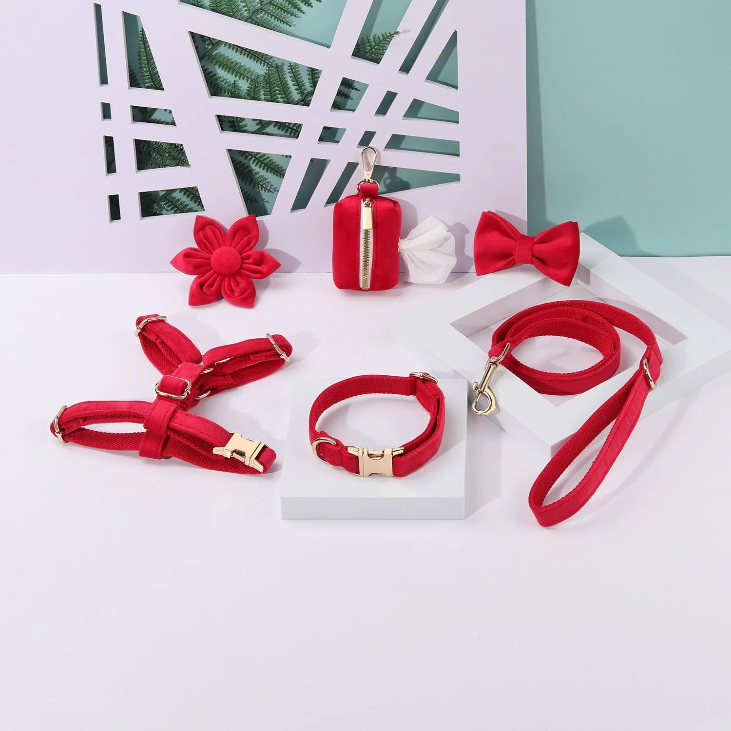 Soft velvet dog collar and leash set with chest strap, bow tie, and flower in assorted colours.