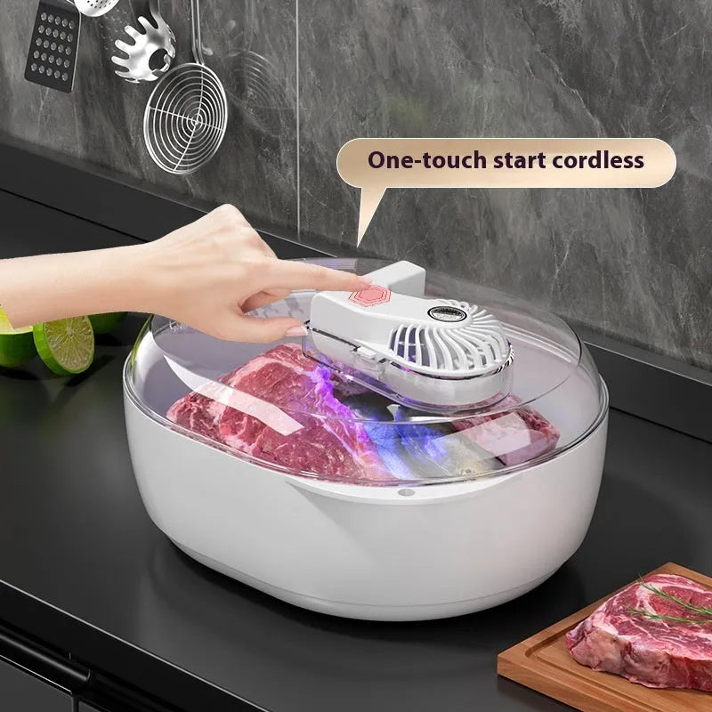 Modern simple style aluminium quick defrosting plate for kitchen use on a countertop.
