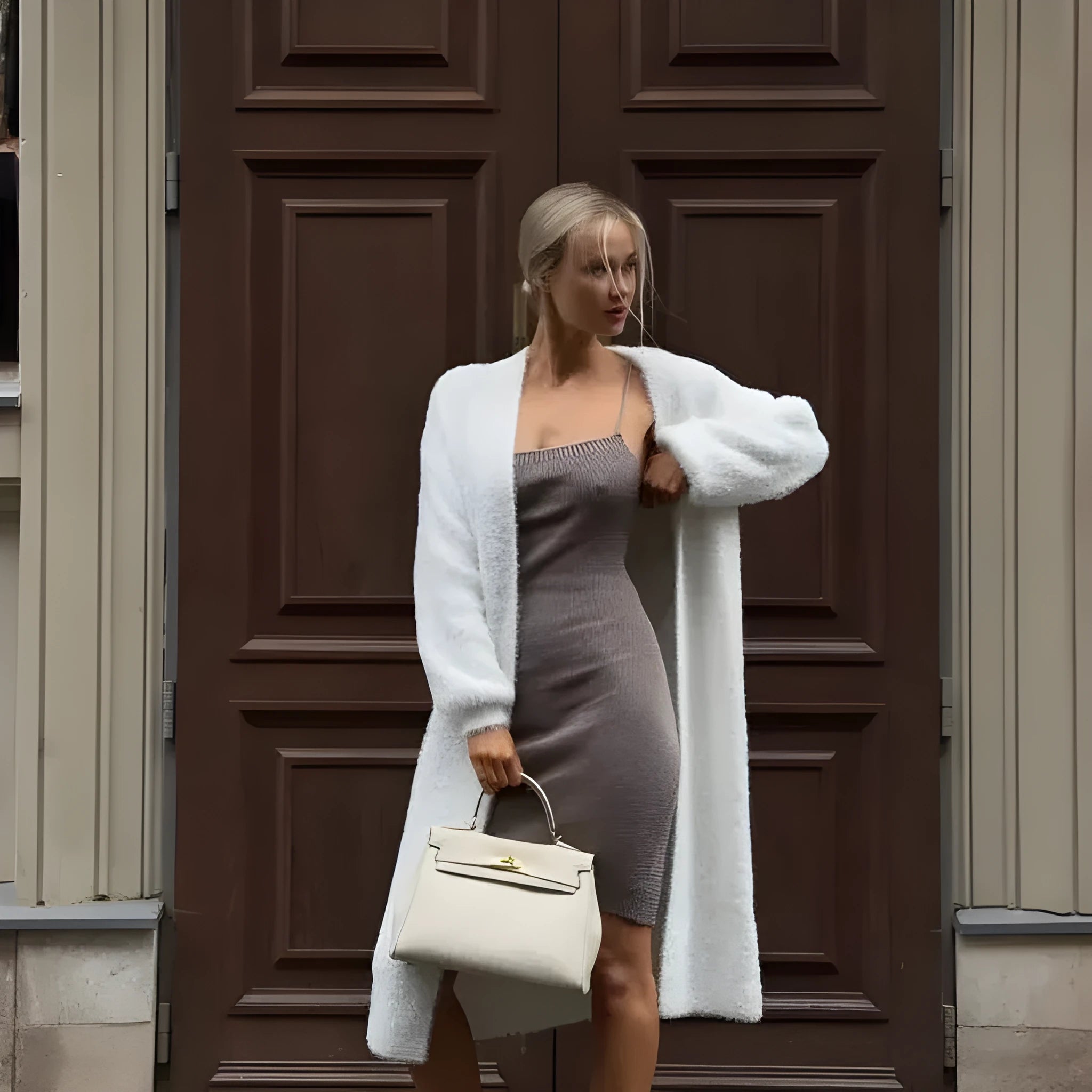White knitted women's cardigan jacket with extended length and loose fit